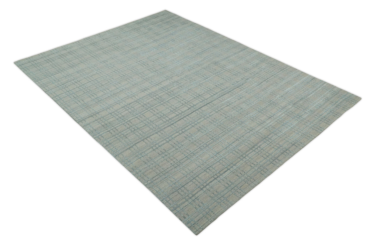 Hand Made 8x10 Modern Geometric striped Beige and Silver Blended Wool Area Rug
