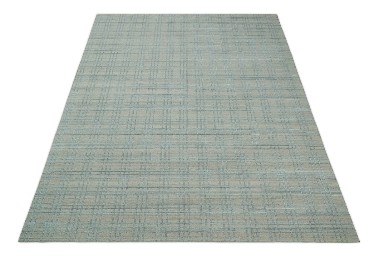 Hand Made 8x10 Modern Geometric striped Beige and Silver Blended Wool Area Rug