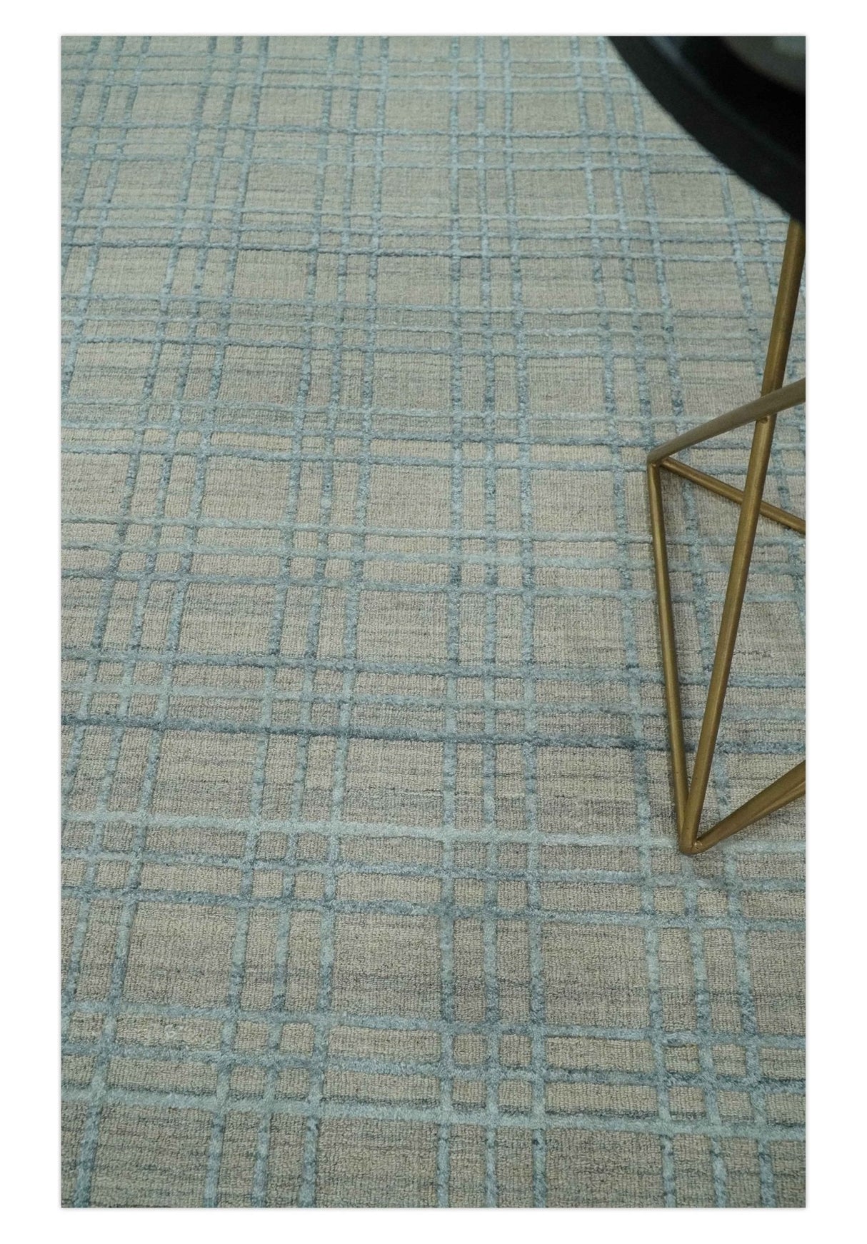 Hand Made 8x10 Modern Geometric striped Beige and Silver Blended Wool Area Rug