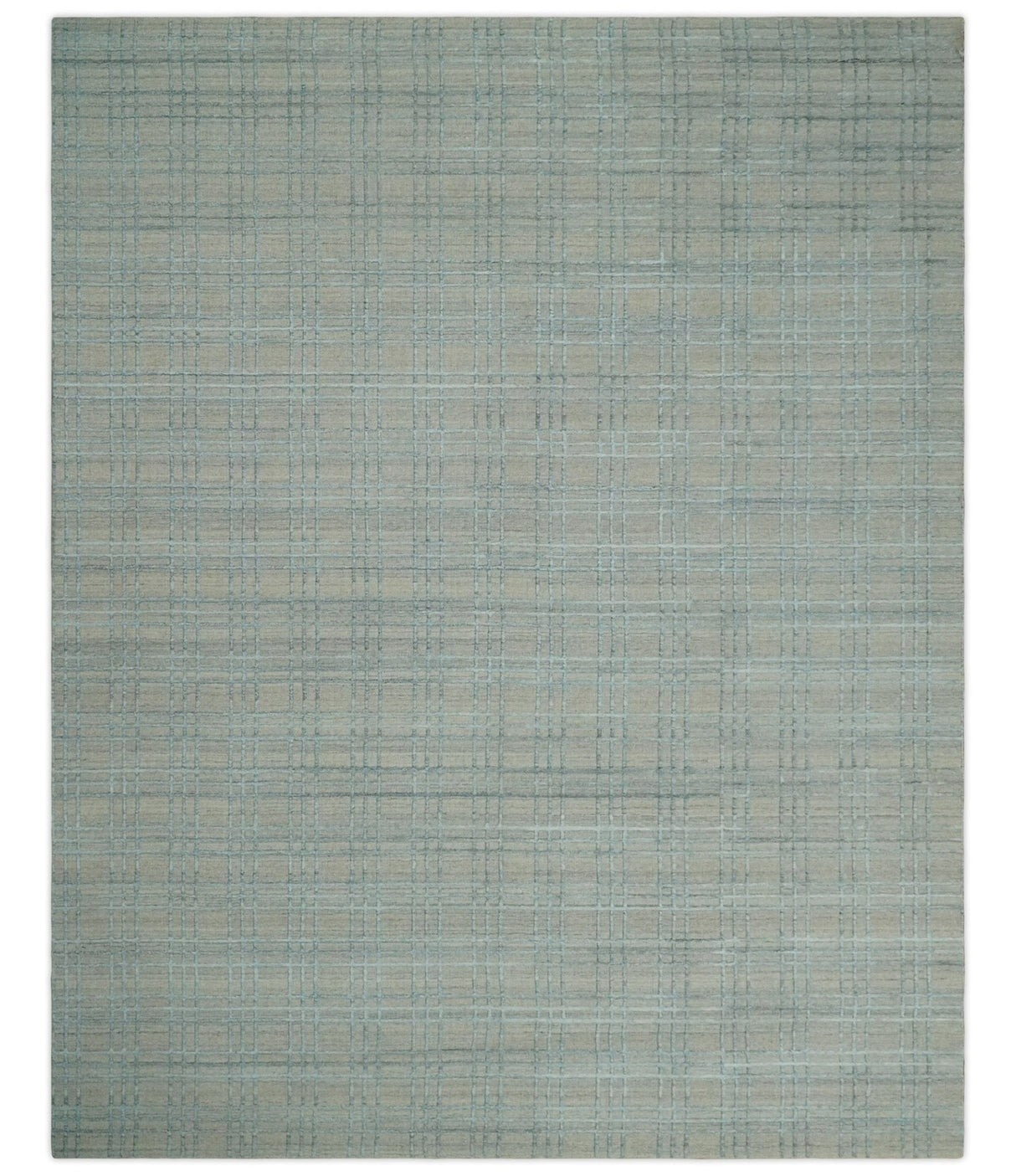 Hand Made 8x10 Modern Geometric striped Beige and Silver Blended Wool Area Rug