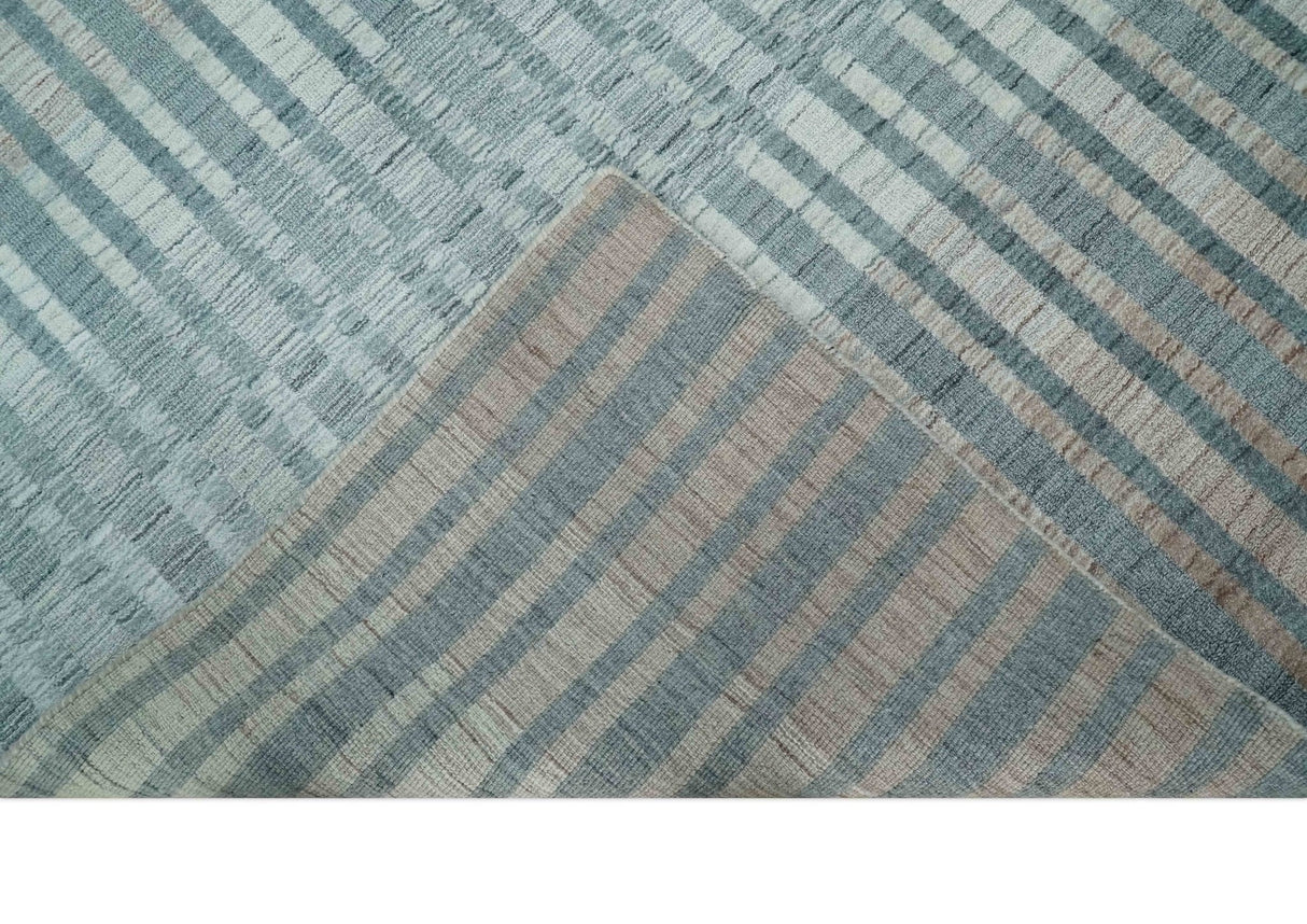 Hand Made 8x10 Modern Stripes Peach, Gray and Silver Blended Wool Area Rug