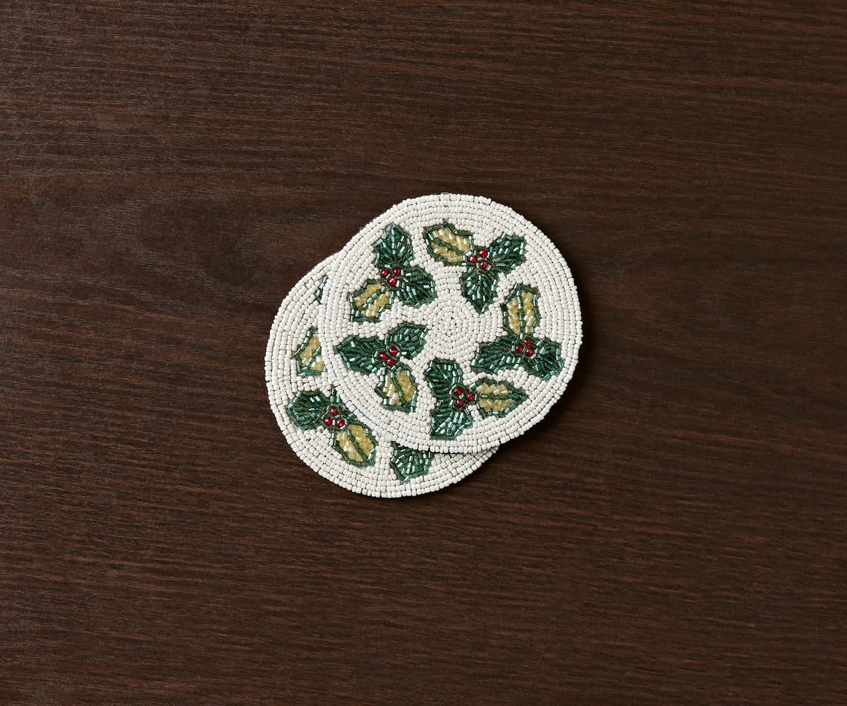 Hand-sewn Embroidery Seed Beaded Coasters | Red Berry Foliage Christmas Design | Payton James Holiday Table Decor-Table tops-Parc Decor