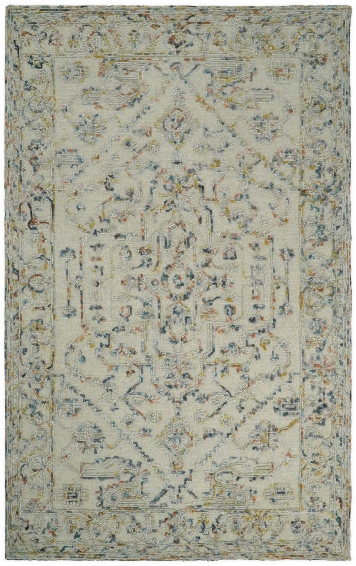 Hand Tufted 5x8 Beige and Blue Wool Textured Loop Area Rug