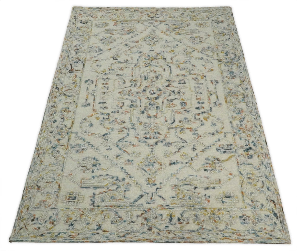 Hand Tufted 5x8 Beige and Blue Wool Textured Loop Area Rug