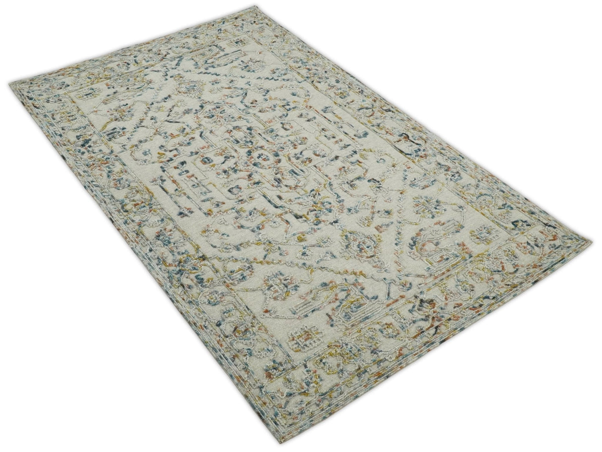 Hand Tufted 5x8 Beige and Blue Wool Textured Loop Area Rug