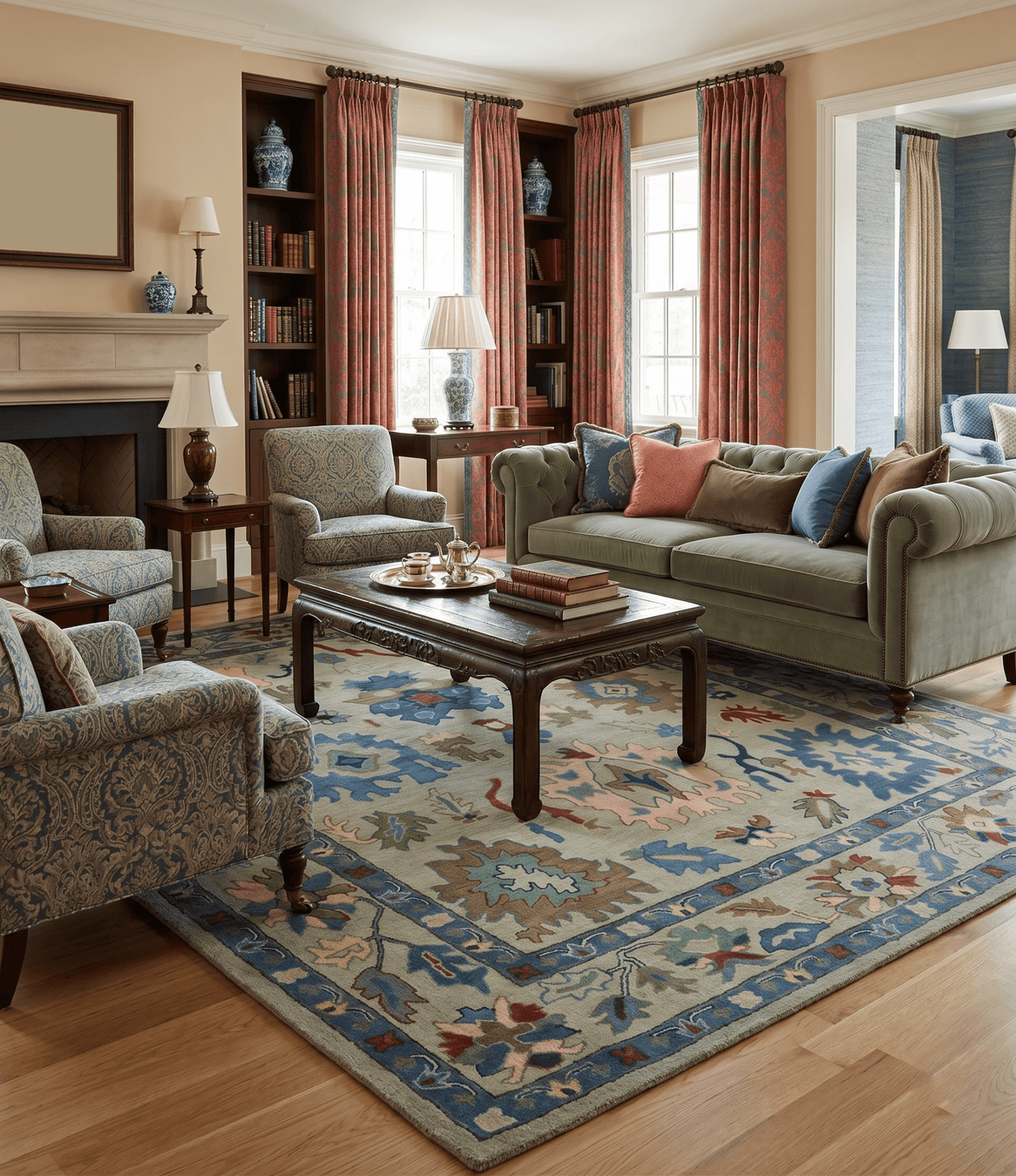 Hand Tufted Beige And Blue Traditional Oushak Custom Made wool Area Rug