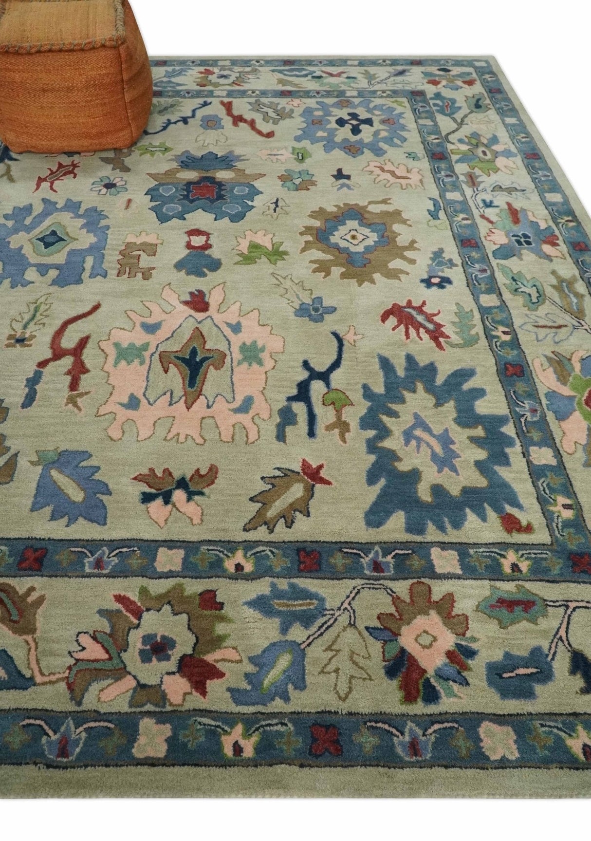 Hand Tufted Beige And Blue Traditional Oushak Custom Made wool Area Rug