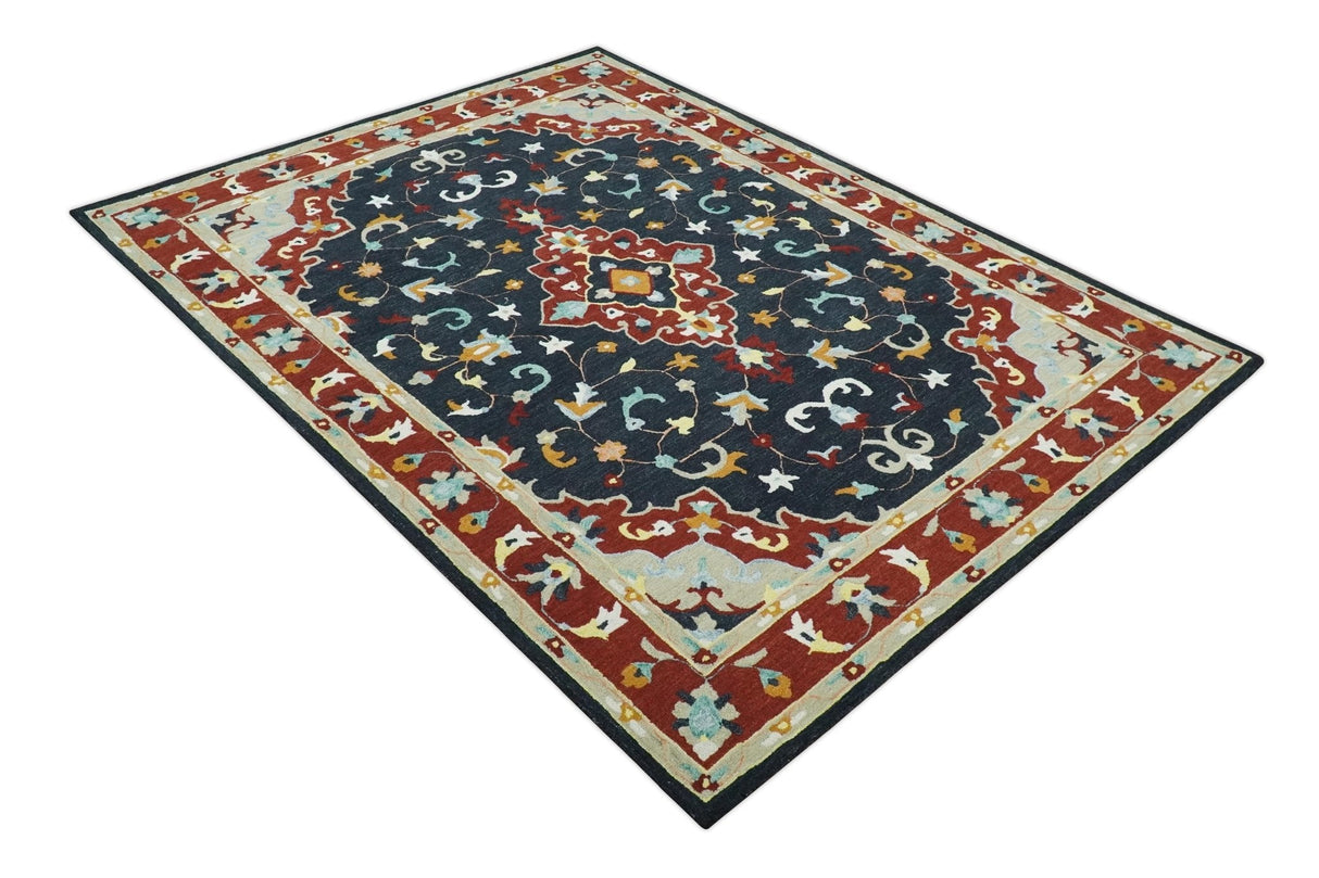 Hand Tufted Black, Rust and Beige Persian Style Wool Area Rug