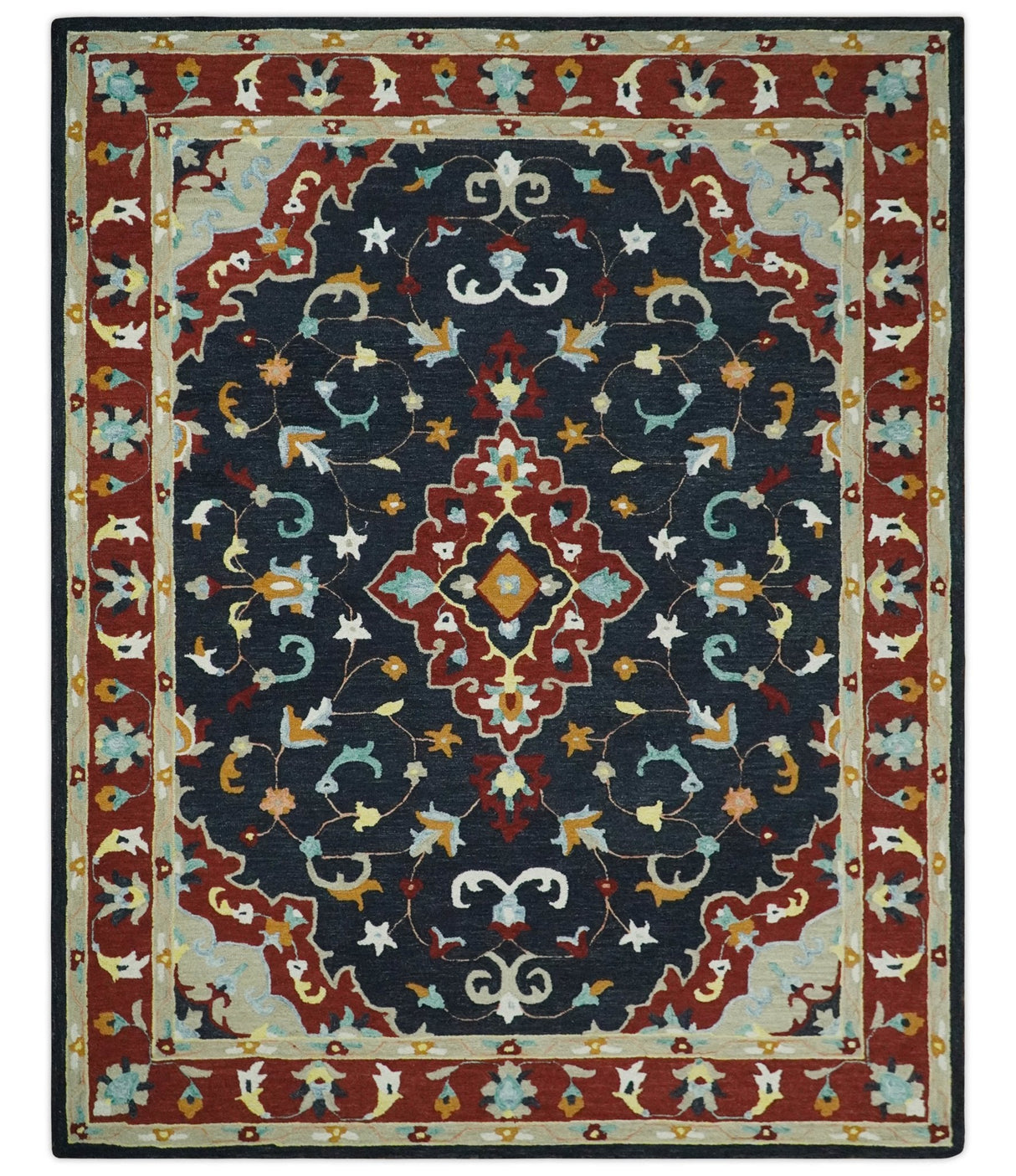 Hand Tufted Black, Rust and Beige Persian Style Wool Area Rug