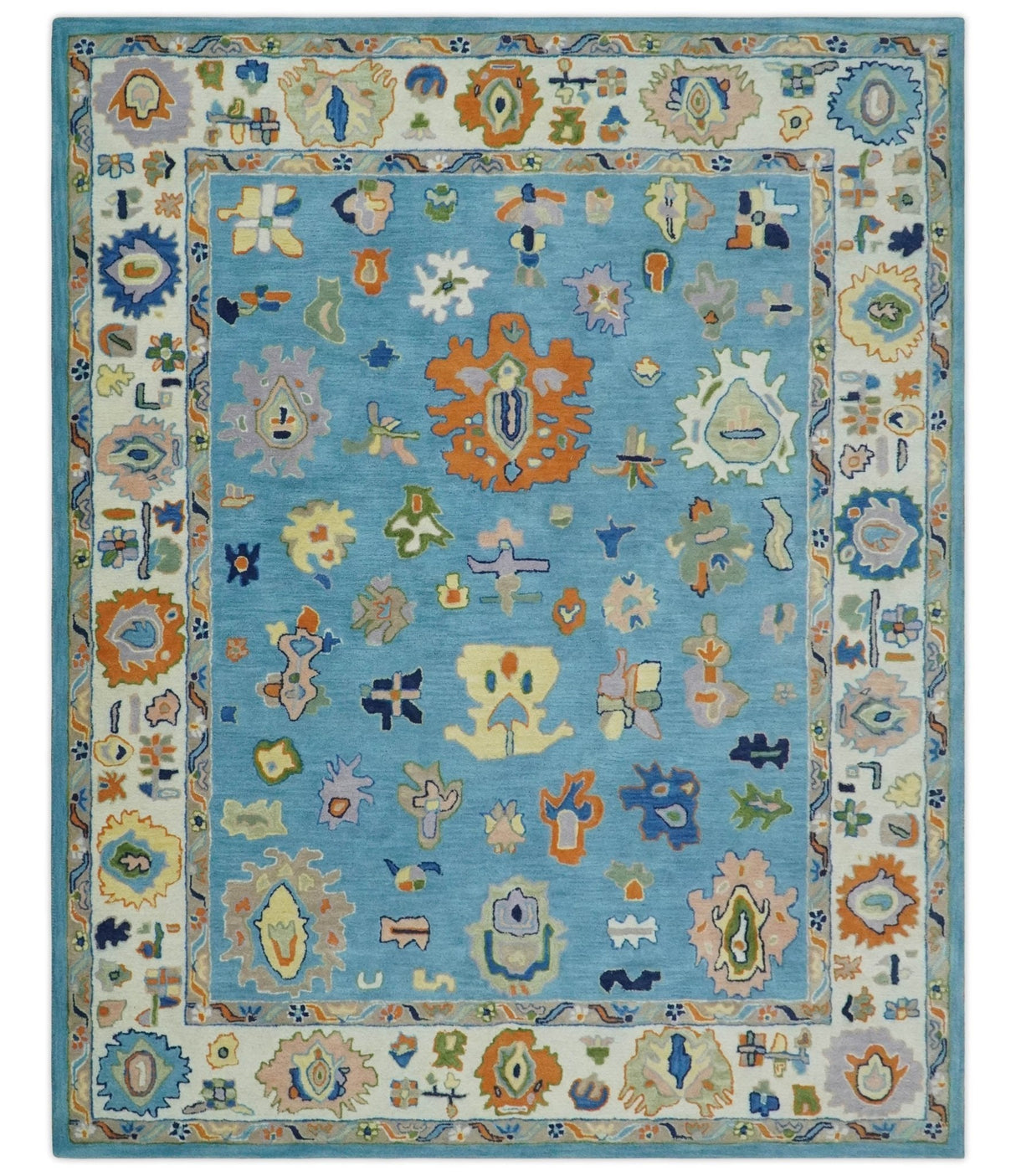 Hand Tufted Blue and Ivory Multi Size Modern Colorful Oushak Rug