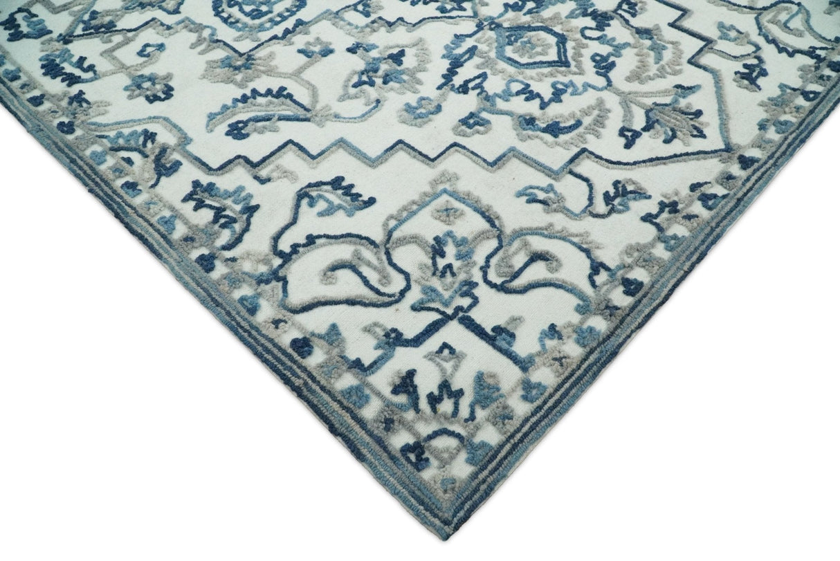 Hand Tufted Blue and Ivory Wool Textured Loop 5x8 Area Rug
