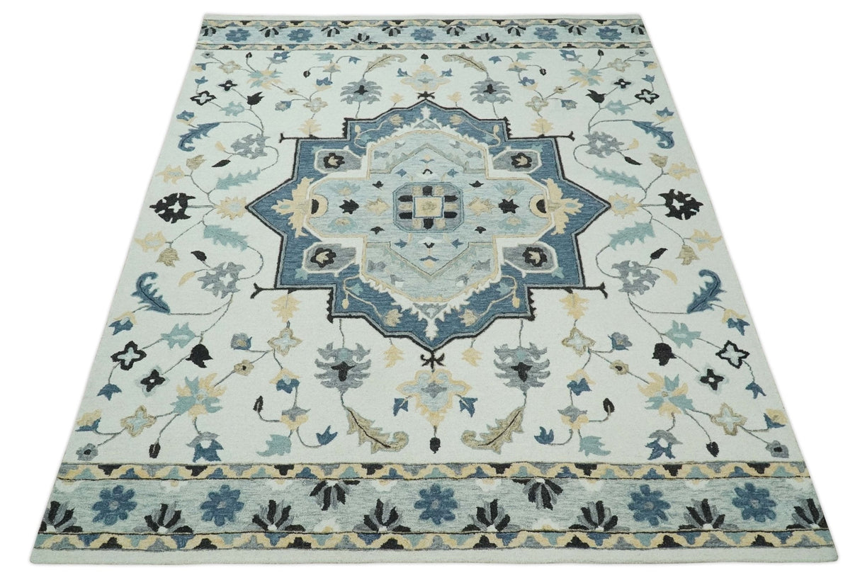 Hand Tufted Blue, Camel and Ivory Medallion Design Wool Area Rug