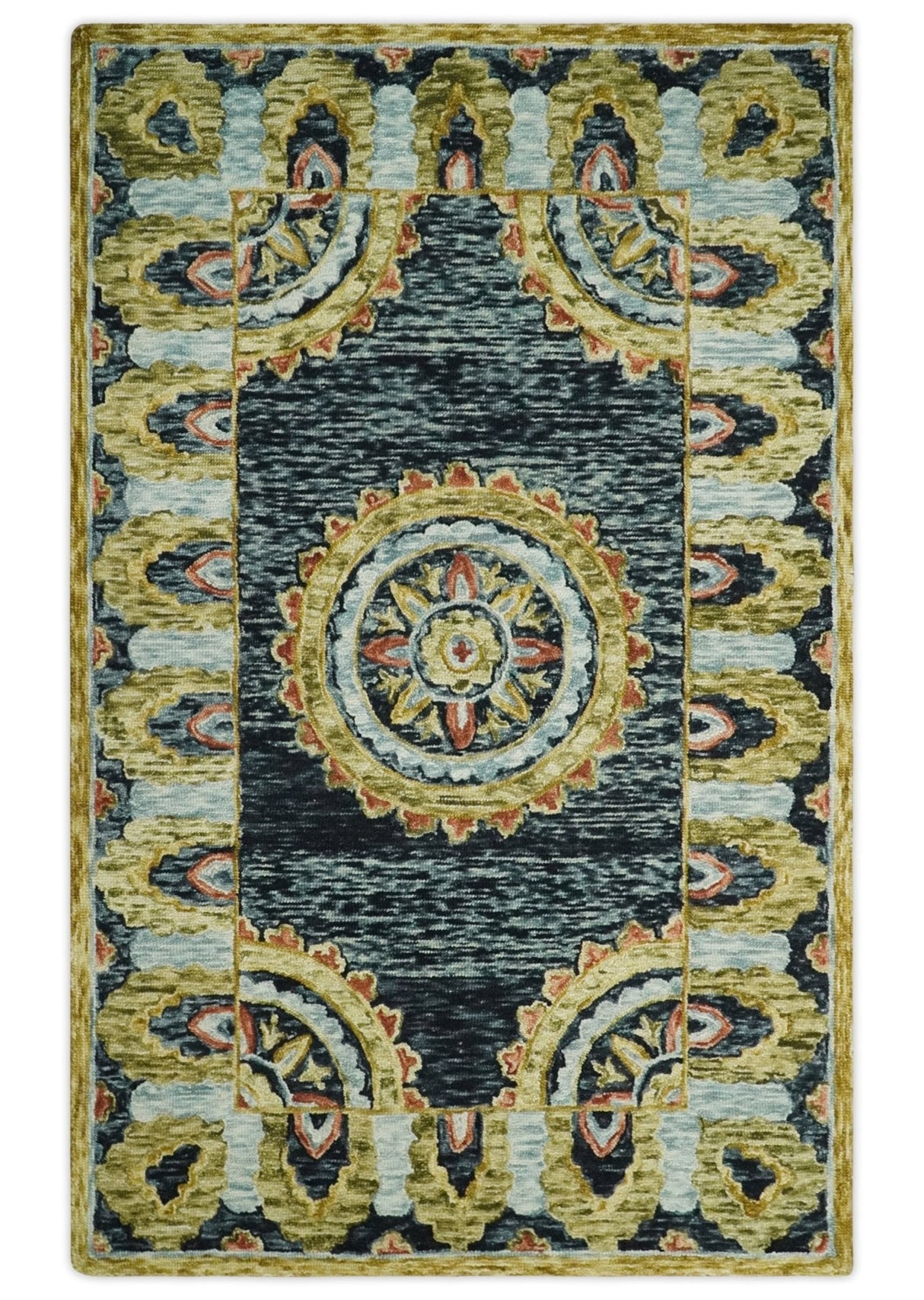 Hand Tufted Blue, Rust and Moss Gold Colorful Wool Area Rug