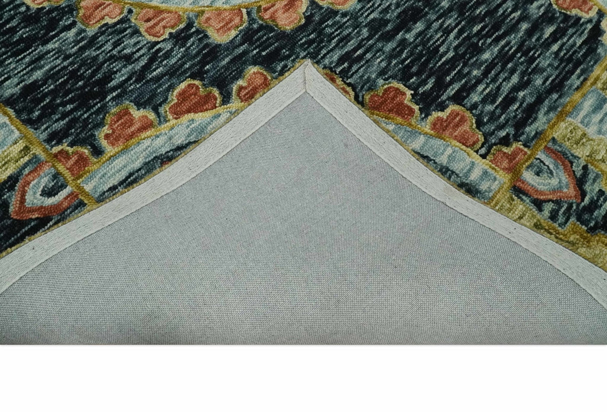 Hand Tufted Blue, Rust and Moss Gold Colorful Wool Area Rug