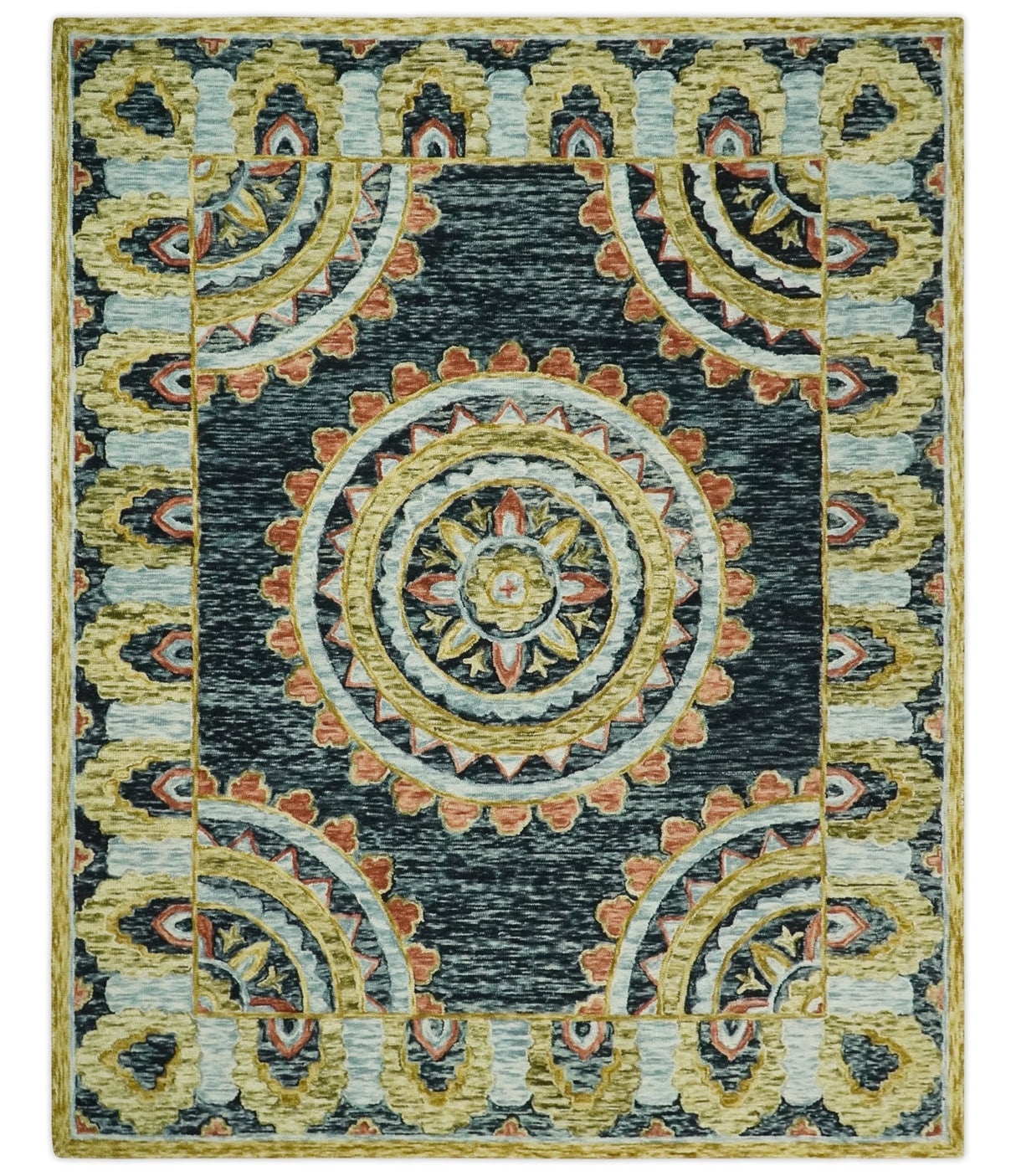Hand Tufted Blue, Rust and Moss Gold Colorful Wool Area Rug