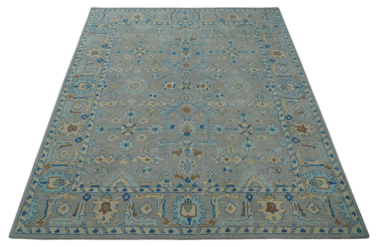 Hand Tufted Gray, Beige and Accent Blue Multi Size 8x10 Traditional Herati Design Wool Rug-Area Rug-Parc Decor