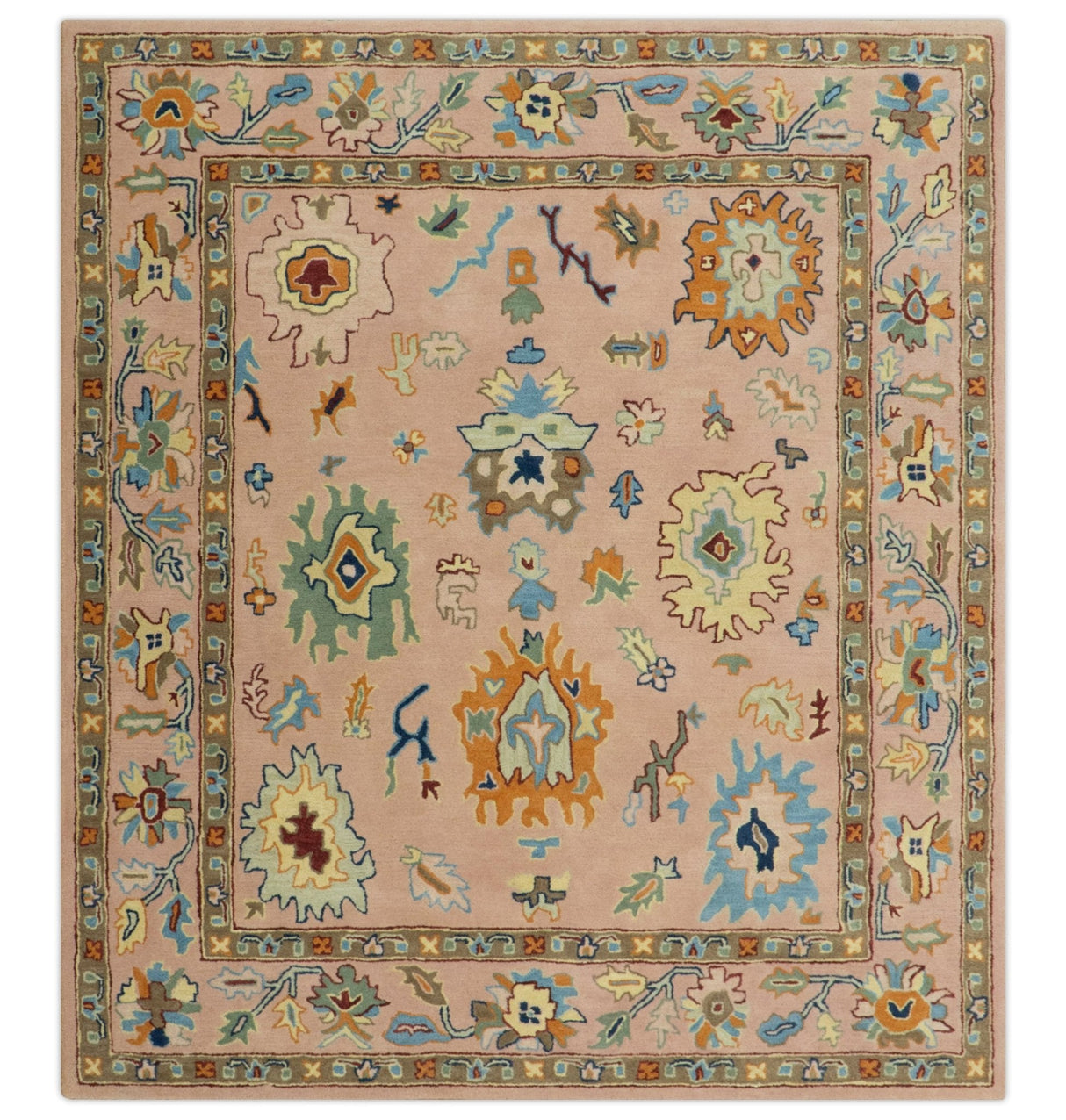 Hand Tufted Pink Peach and Gold Modern Colorful Oushak Rug