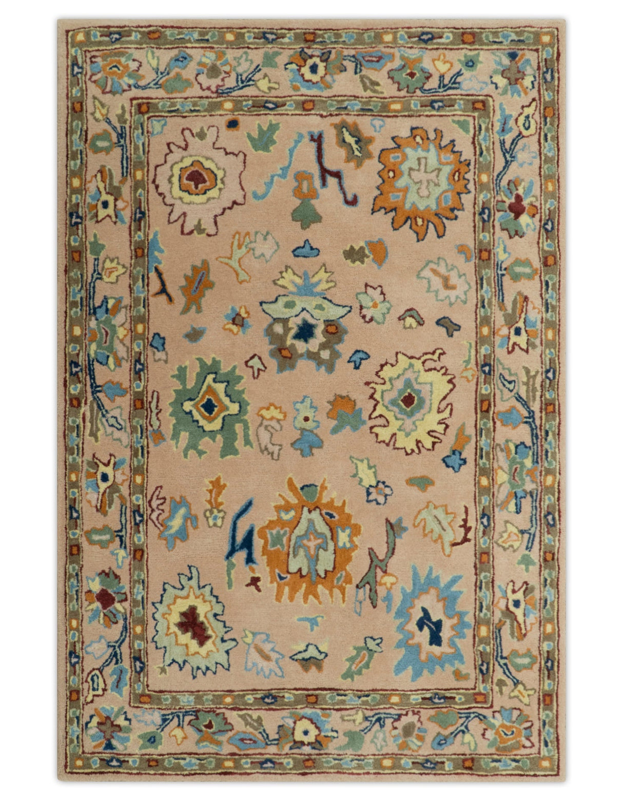 Hand Tufted Pink Peach and Gold Modern Colorful Oushak Rug