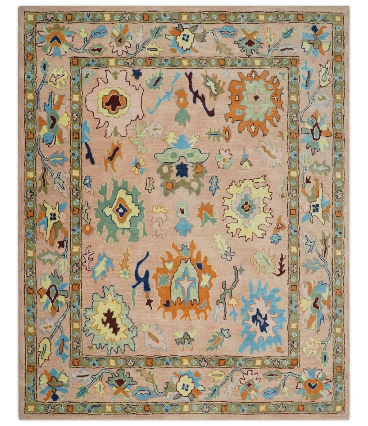 Hand Tufted Pink Peach and Gold Modern Colorful Oushak Rug