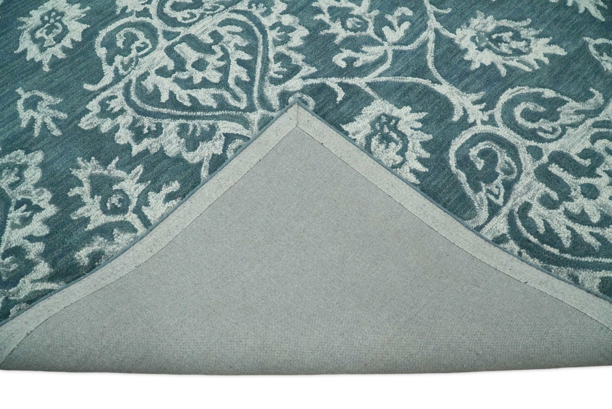 Hand Tufted Traditional Teal and Ivory Wool Area Rug