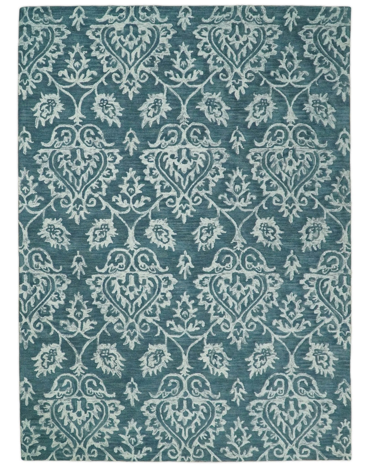 Hand Tufted Traditional Teal and Ivory Wool Area Rug
