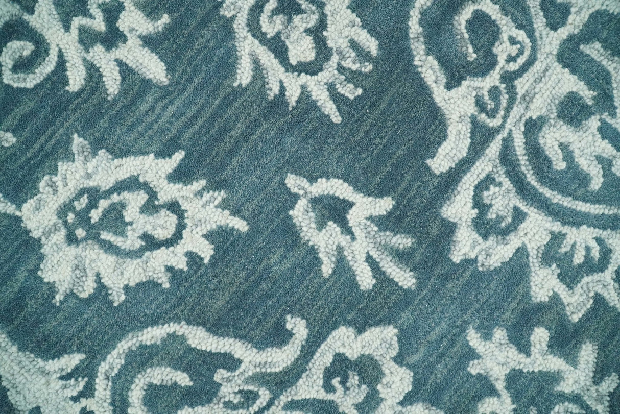 Hand Tufted Traditional Teal and Ivory Wool Area Rug