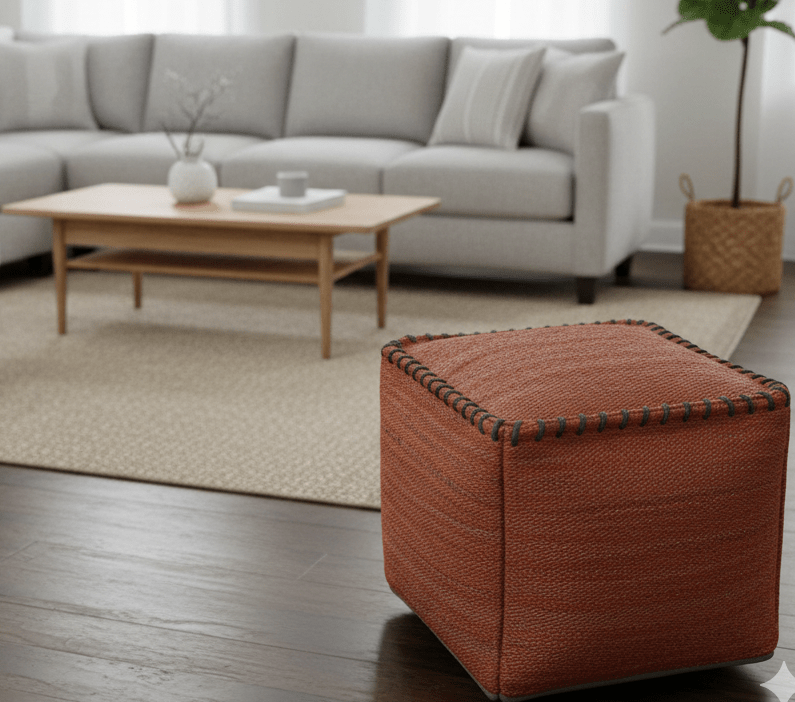 Hand Woven Boho Farmhouse Rust Jute Pouf