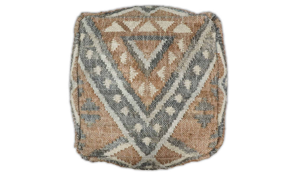Hand Woven Boho Tribal Large Gray and Brown Jute and Wool Pouf