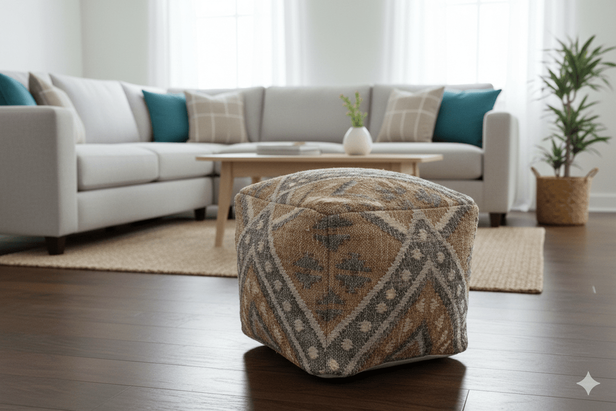 Hand Woven Boho Tribal Large Gray and Brown Jute and Wool Pouf