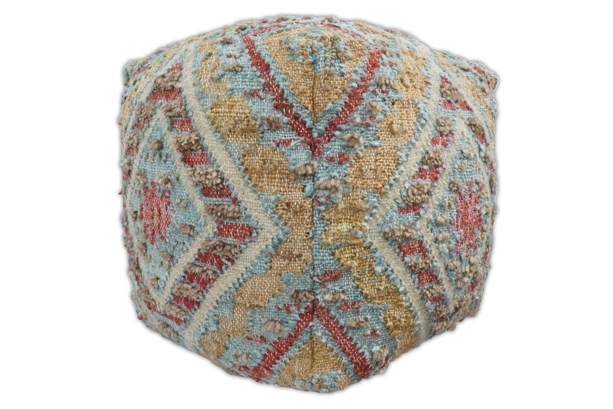Hand Woven Boho Tribal Large Mustard and Blue Jute and Wool Pouf
