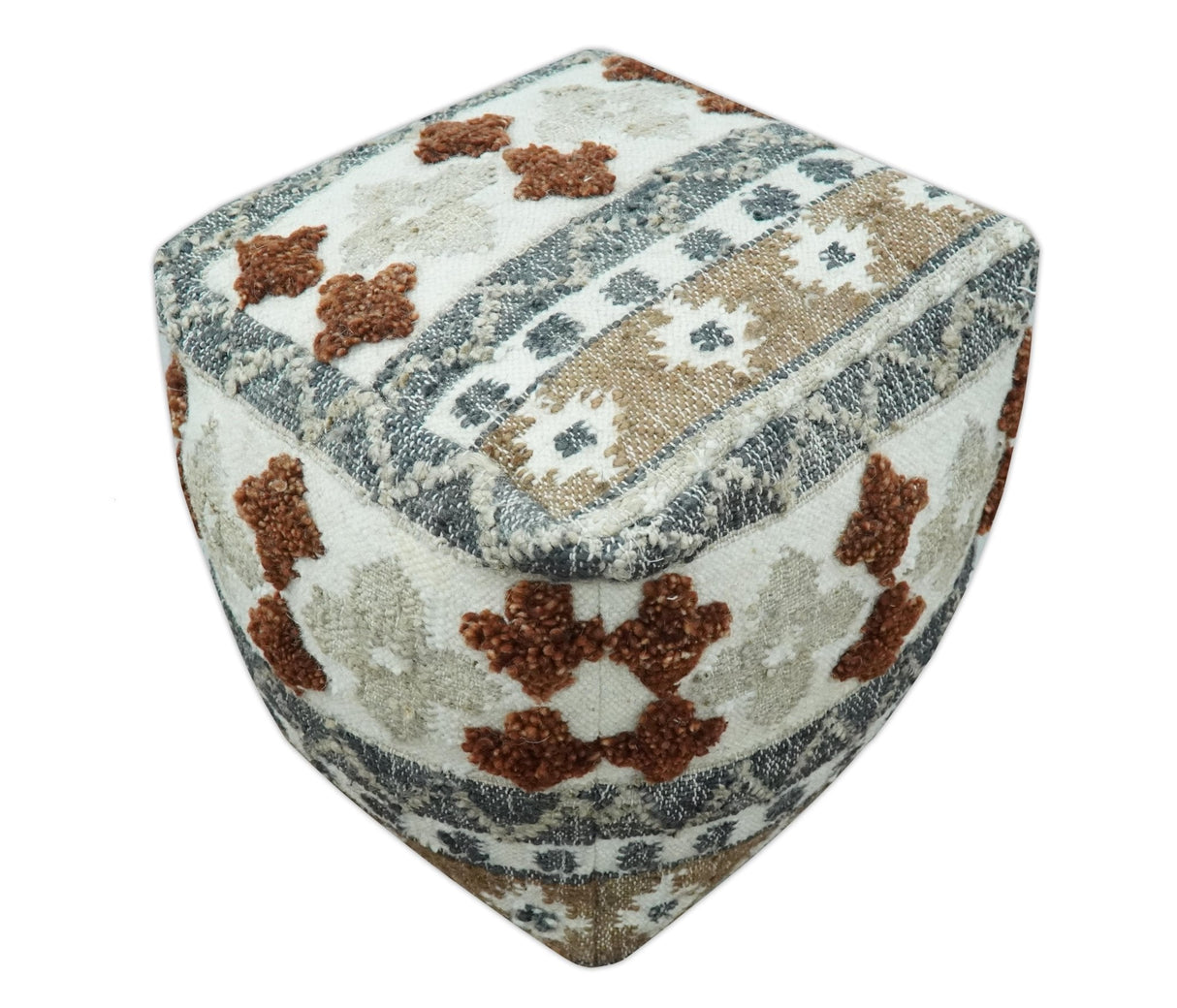 Hand woven Ivory, Gray and Brown Textured Jute and wool Pouf