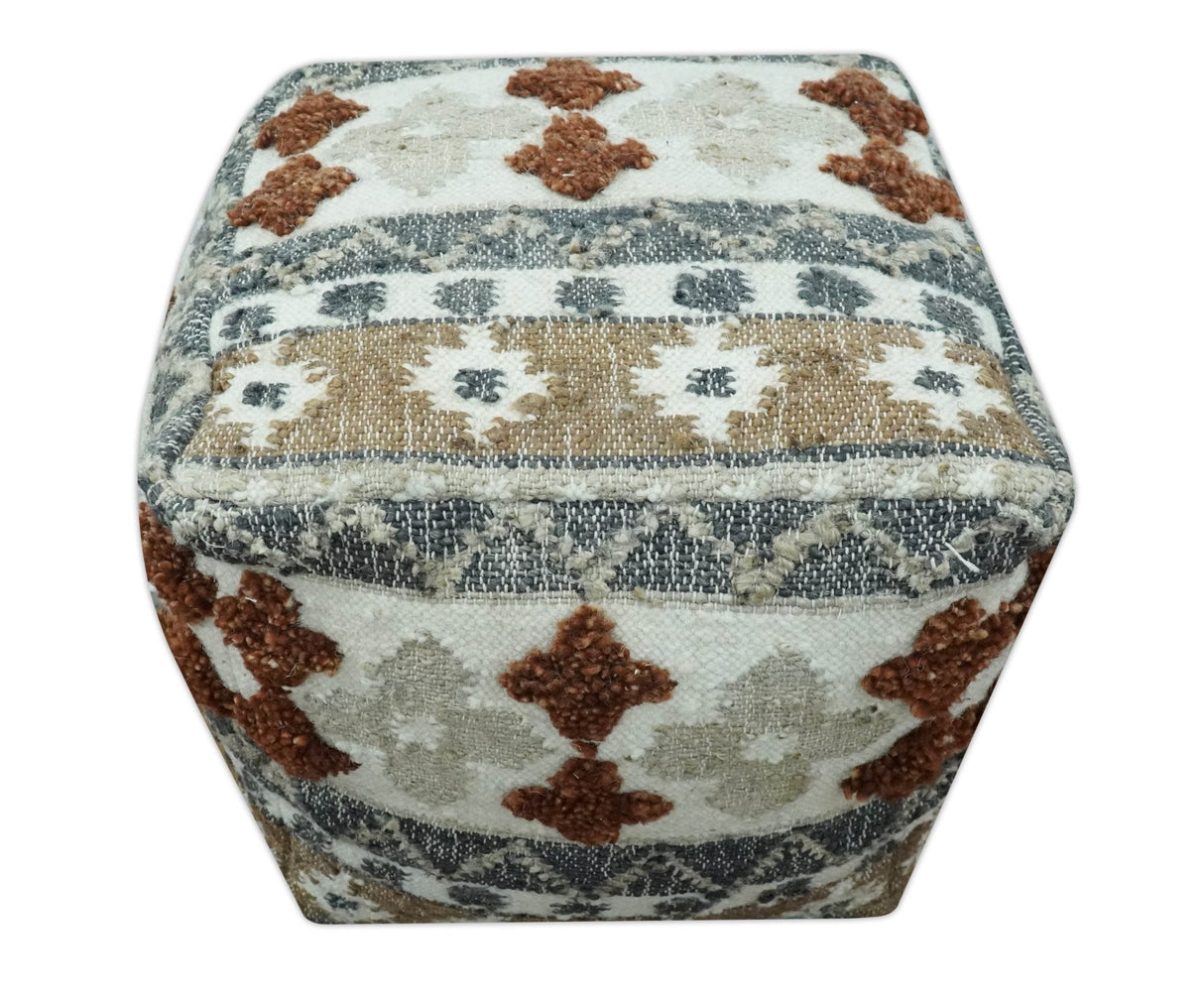 Hand woven Ivory, Gray and Brown Textured Jute and wool Pouf