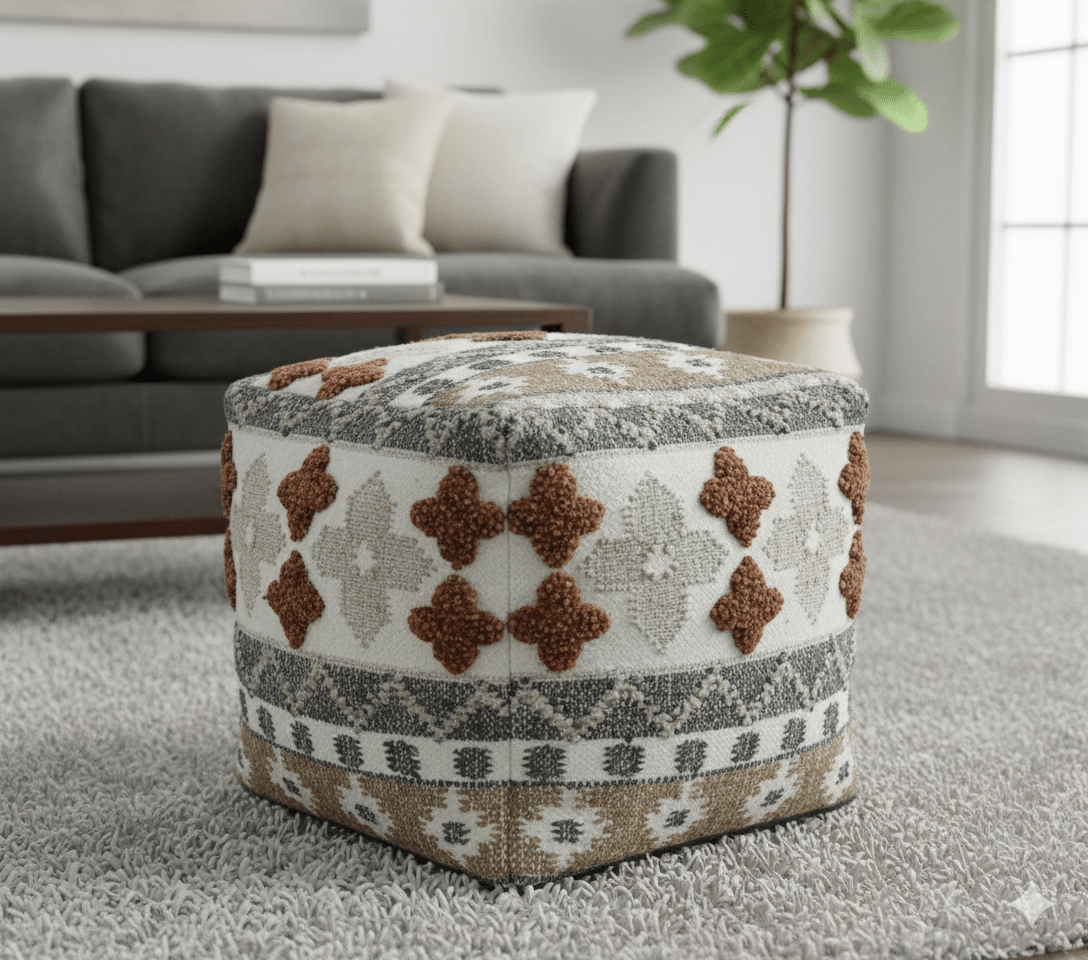 Hand woven Ivory, Gray and Brown Textured Jute and wool Pouf
