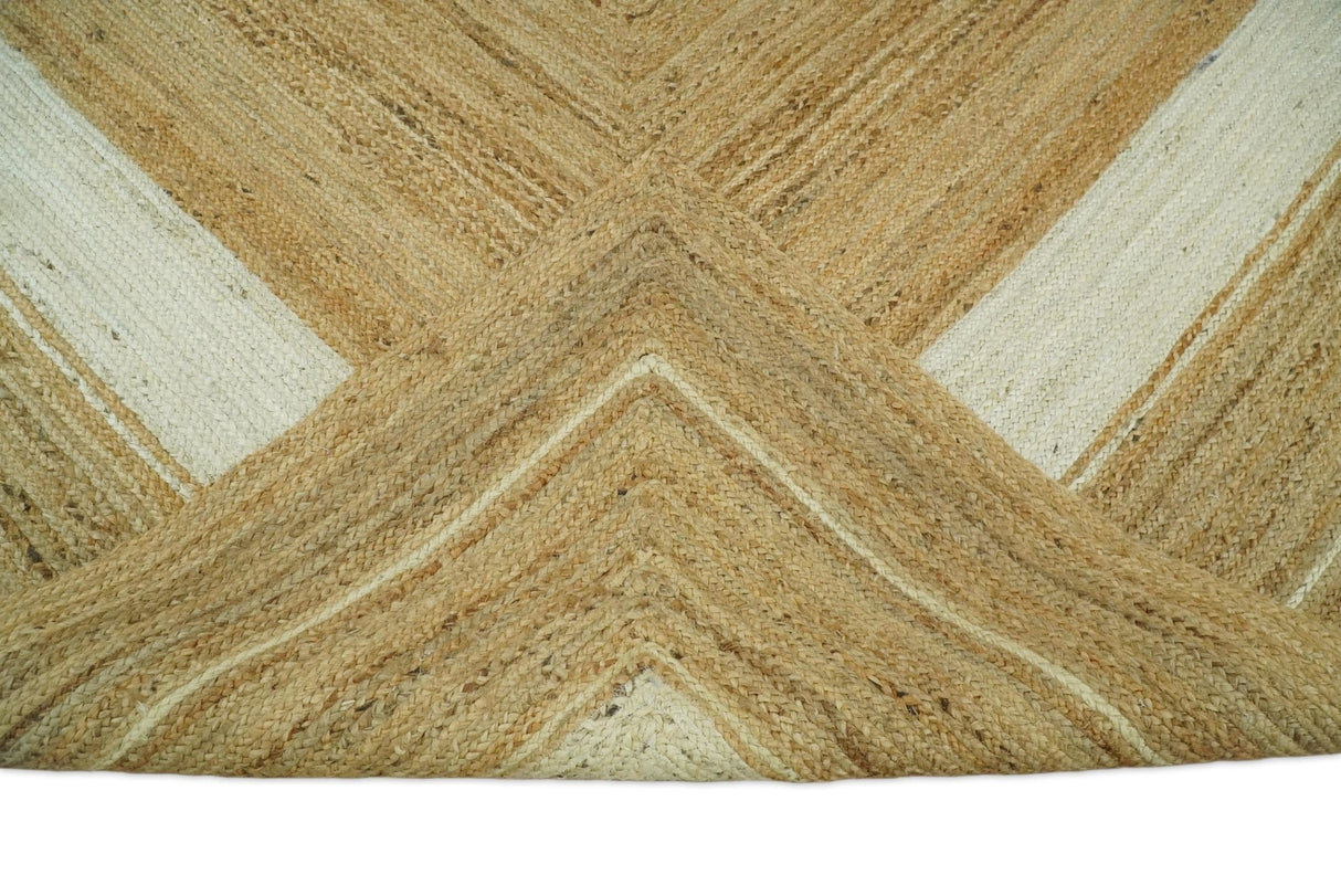 Hand Woven Natural Fiber White and Brown Natural Jute Rug
