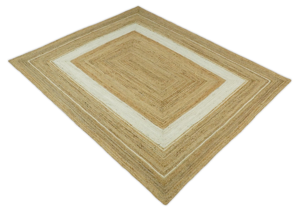 Hand Woven Natural Fiber White and Brown Natural Jute Rug