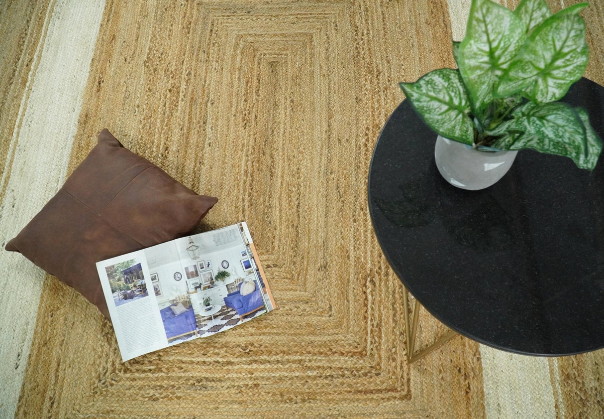 Hand Woven Natural Fiber White and Brown Natural Jute Rug