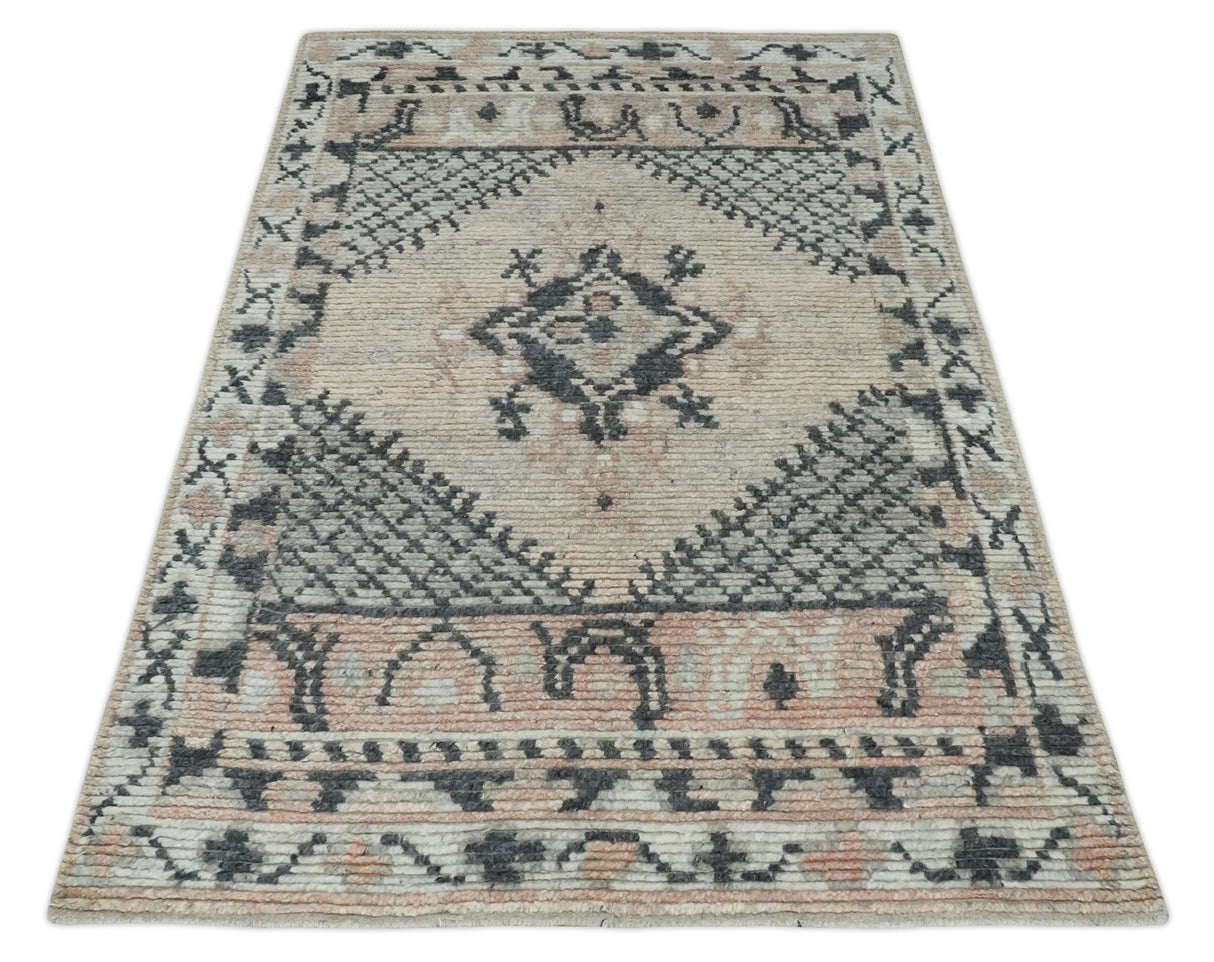 Hand Woven Peach and Charcoal Blended Hand Knotted Wool Rug