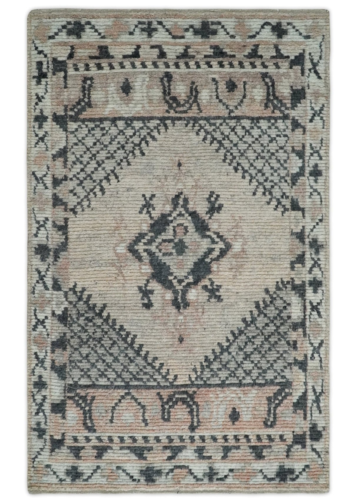 Hand Woven Peach and Charcoal Blended Hand Knotted Wool Rug