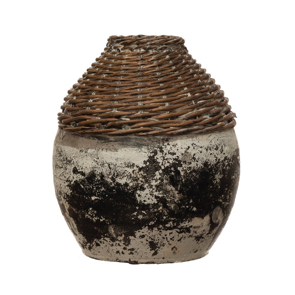 Hand-Woven Rattan & Clay Vase, Distressed-Vases and Jars-Parc Decor