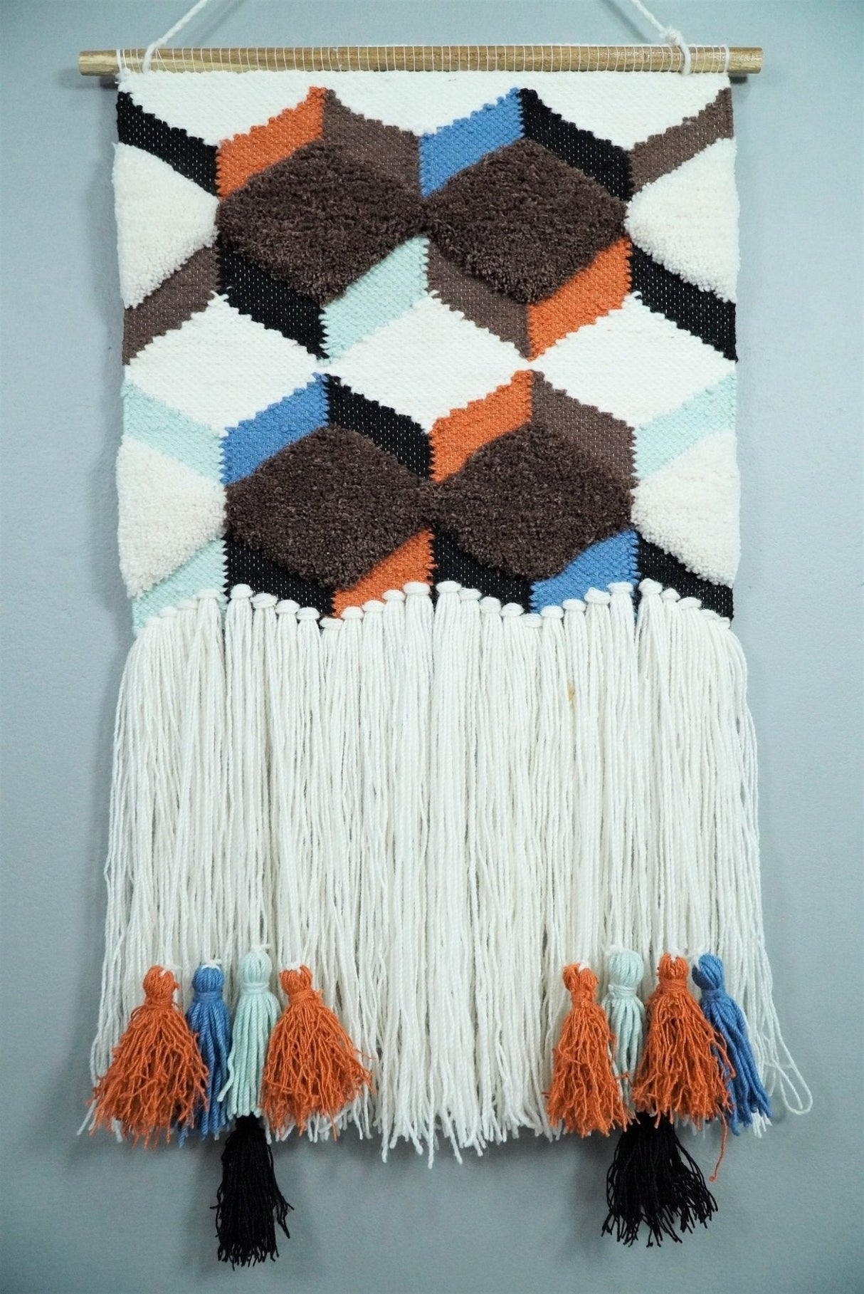 Hand Woven Wool Tapestry White and Brown Bohemian Modern Wall Hanging | WH9