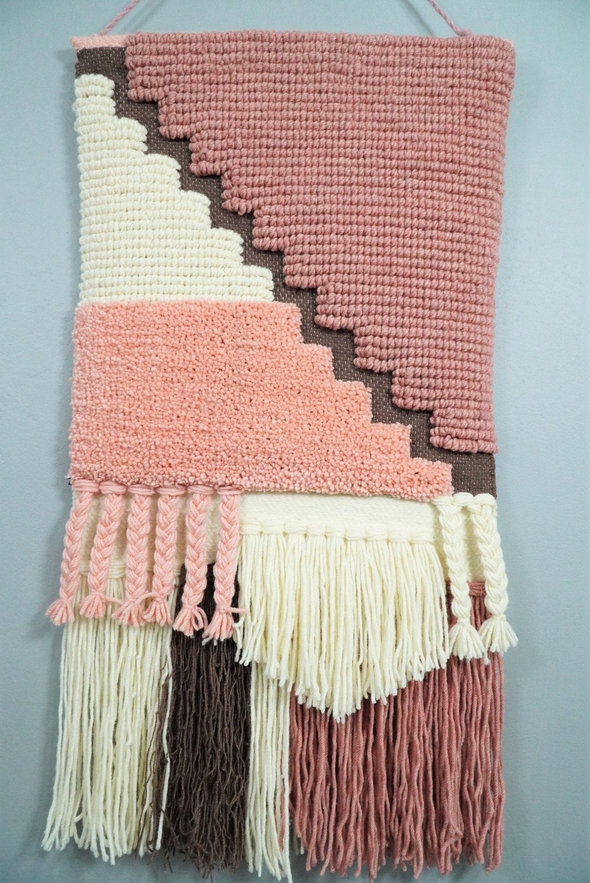 Hand Woven Wool Tapestry White and Peach Bohemian Wall Hanging | WH7