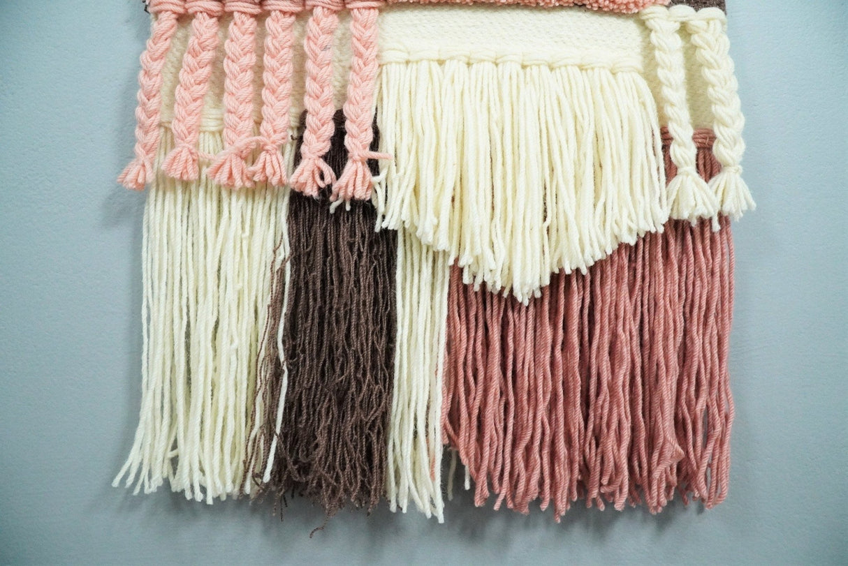 Hand Woven Wool Tapestry White and Peach Bohemian Wall Hanging | WH7