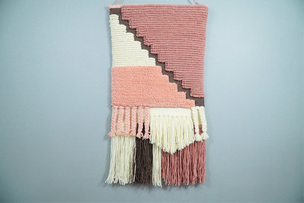 Hand Woven Wool Tapestry White and Peach Bohemian Wall Hanging | WH7