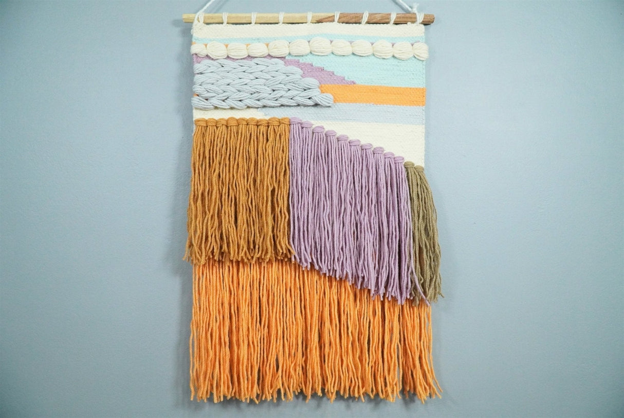 Hand Woven Wool Tapestry White, Blue and Gold Bohemian Modern Wall Hanging | WH12