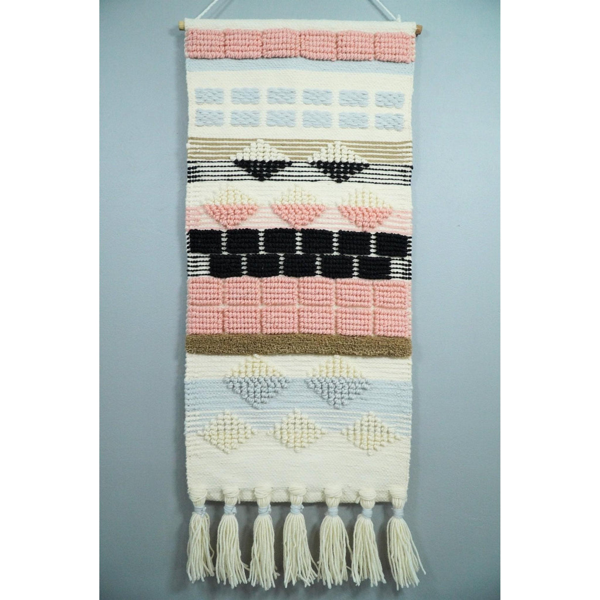 Hand Woven Wool Tapestry White, Blue and Pink Bohemian Modern Wall Hanging-Wall Hanging-Parc Decor