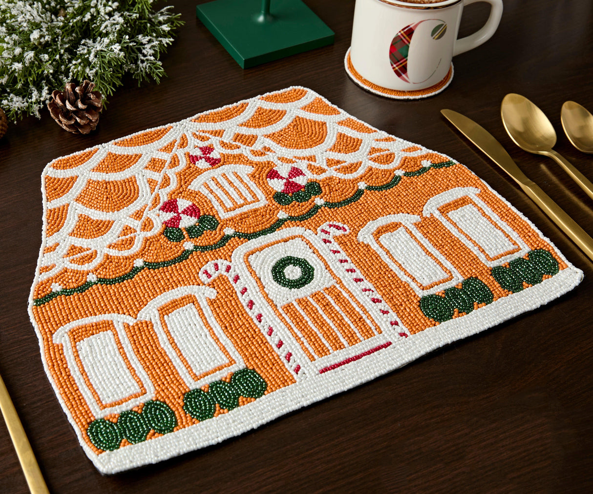 Handicraft Gingerbread House Beaded Placemat, Christmas decoration gift for her – Christmas Handmade Beaded Placemats for Dining-table tops-Parc Decor