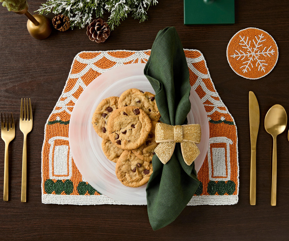 Handicraft Gingerbread House Beaded Placemat, Christmas decoration gift for her – Christmas Handmade Beaded Placemats for Dining-table tops-Parc Decor