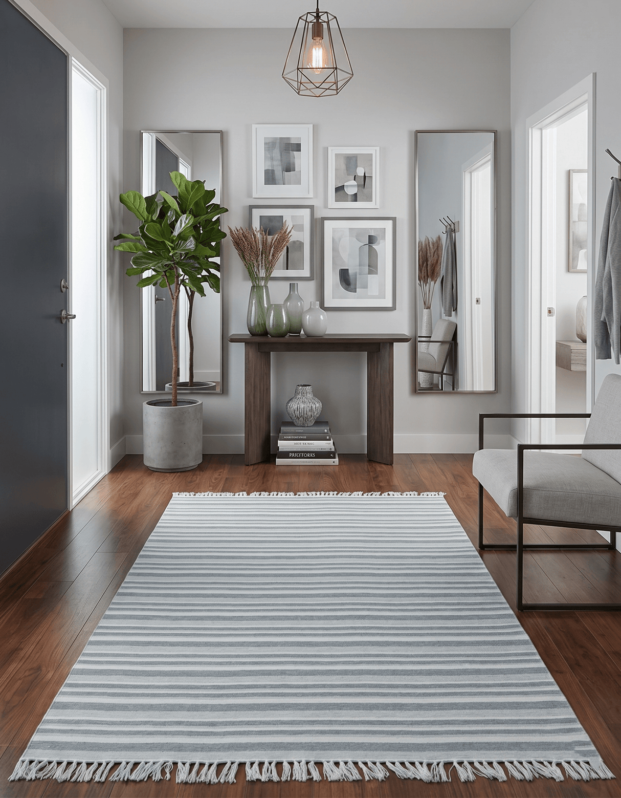 Handmade 5x8 Modern Stripes Pattern Blue And White Wool Rug