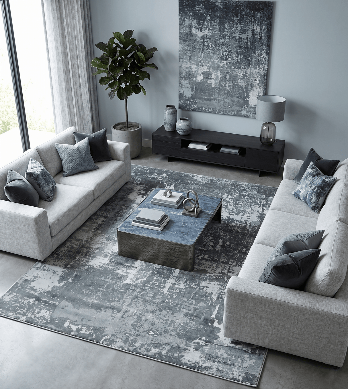 Handmade 8x10 Ivory, gray and Charcoal Blended Wool and Bamboo Silk Area Rug