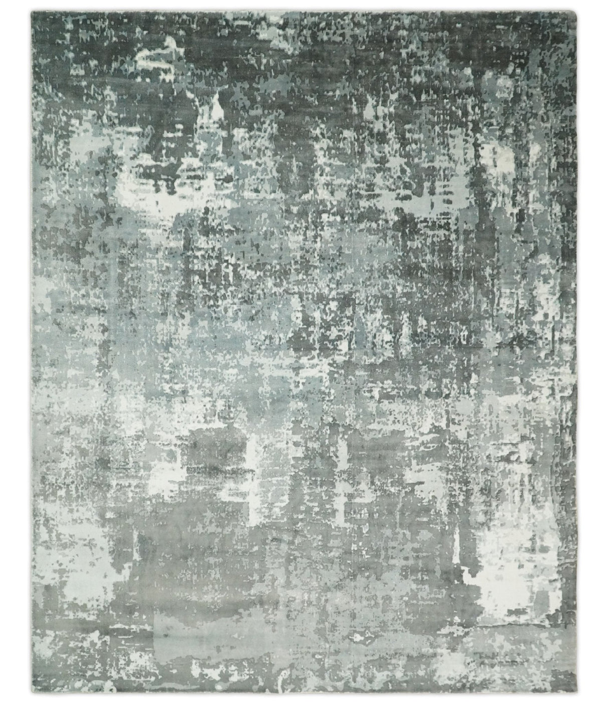 Handmade 8x10 Ivory, gray and Charcoal Blended Wool and Bamboo Silk Area Rug